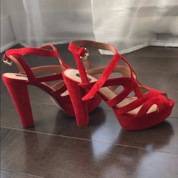 Zara Platform Coral Red Chunky Heels - Picture 3 of 4